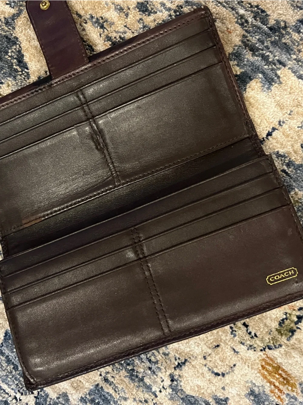 Coach Brown Leather and Signature Canvas Wallet with Gold-Tone Snap